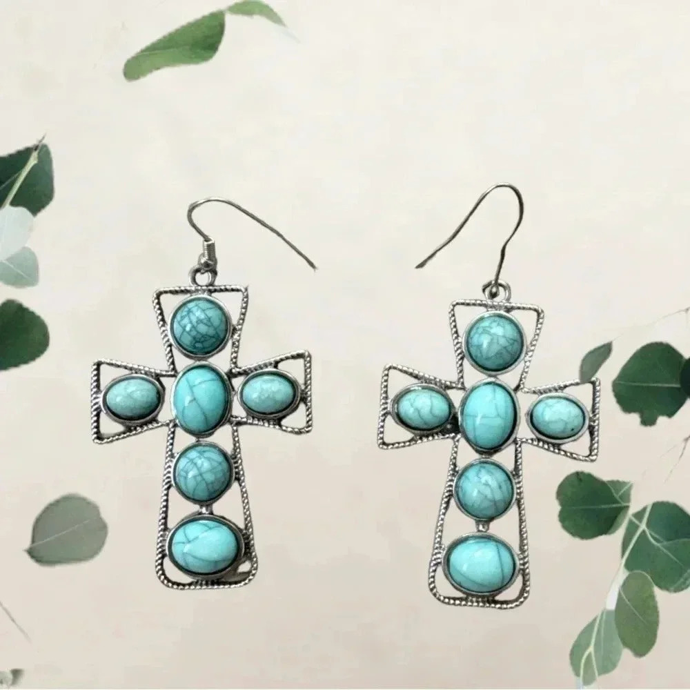 NWT 2” Silver Tone Faux Turquoise Cross Earrings- Southern Handmade